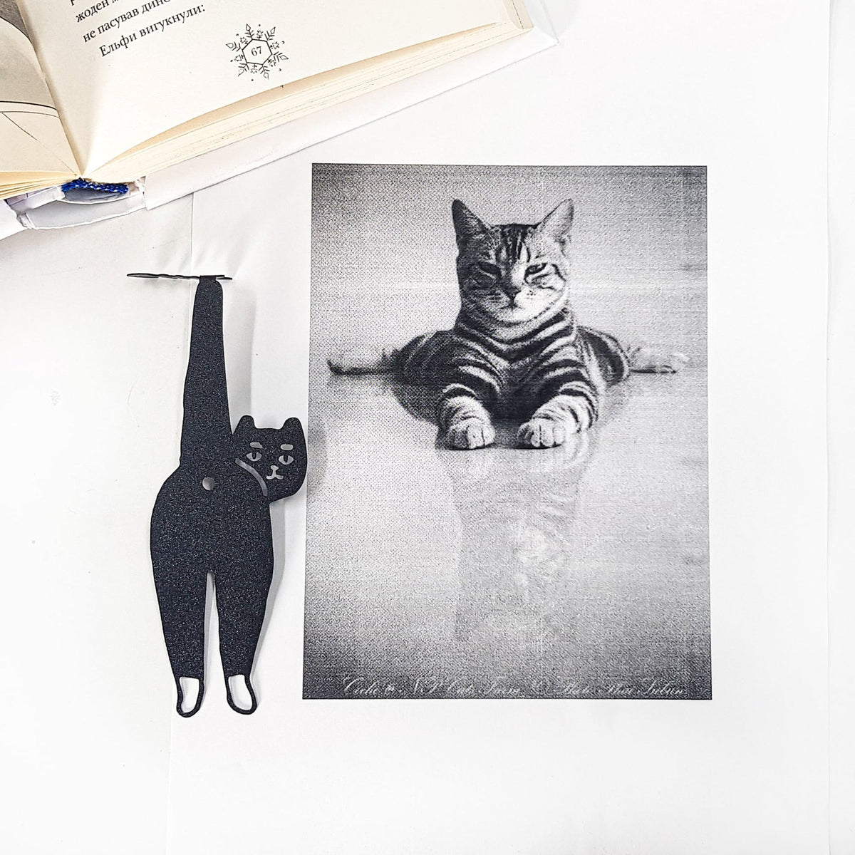 Cheeky Black Cat book marker on an illustrated page, view 5
