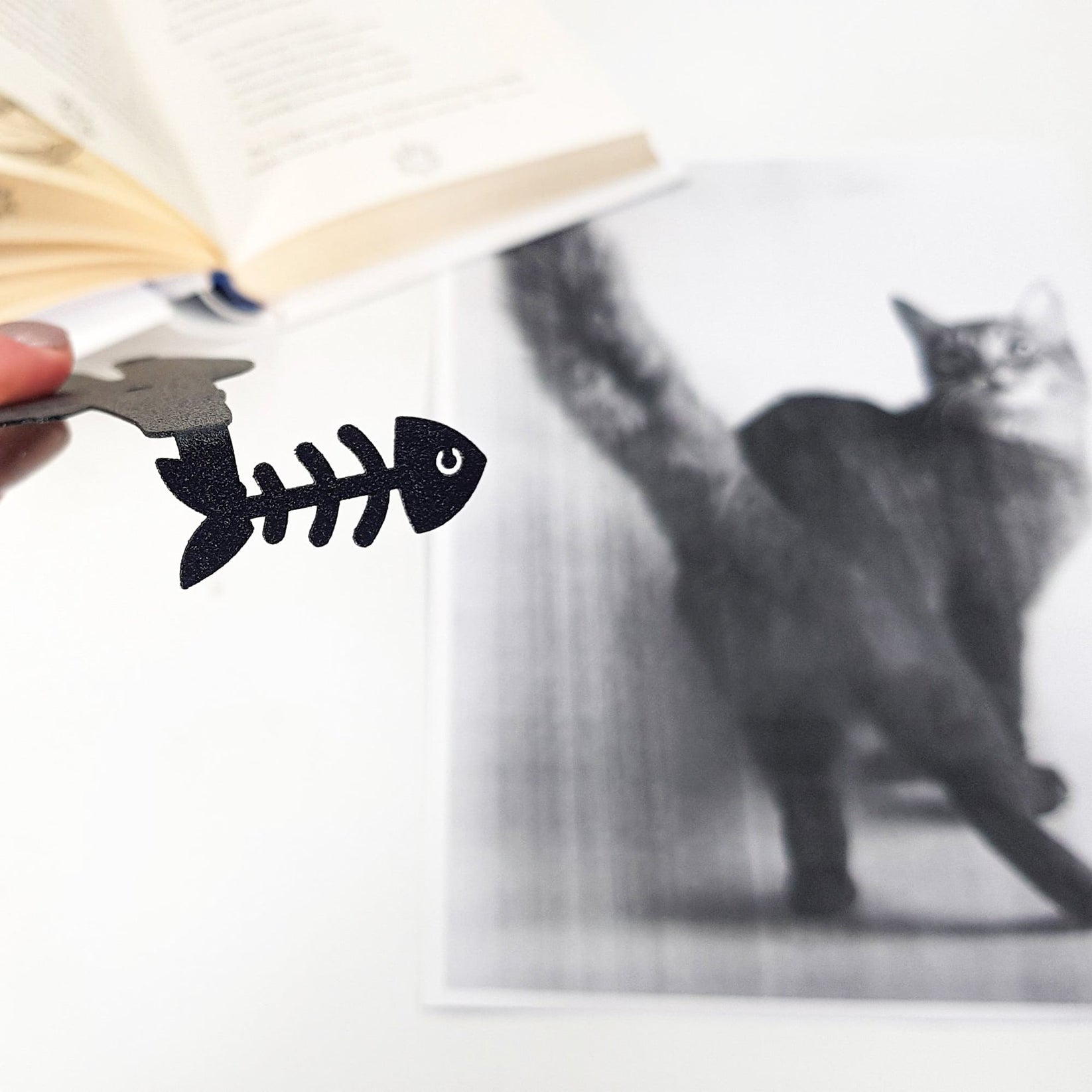 Cheeky Black Cat book marker placed on a colour illustration, view 6