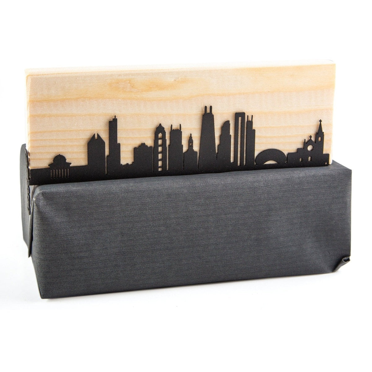 Chicago metal bookmark with the engraved wooden gift block it ships with