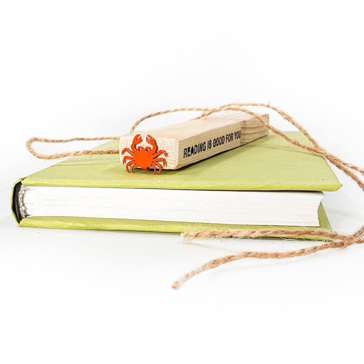 Crab metal bookmark with the engraved wooden gift block it ships with