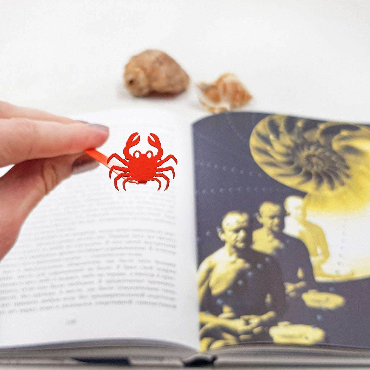 Crab metal bookmark in red marking a page in an illustrated book, view 4