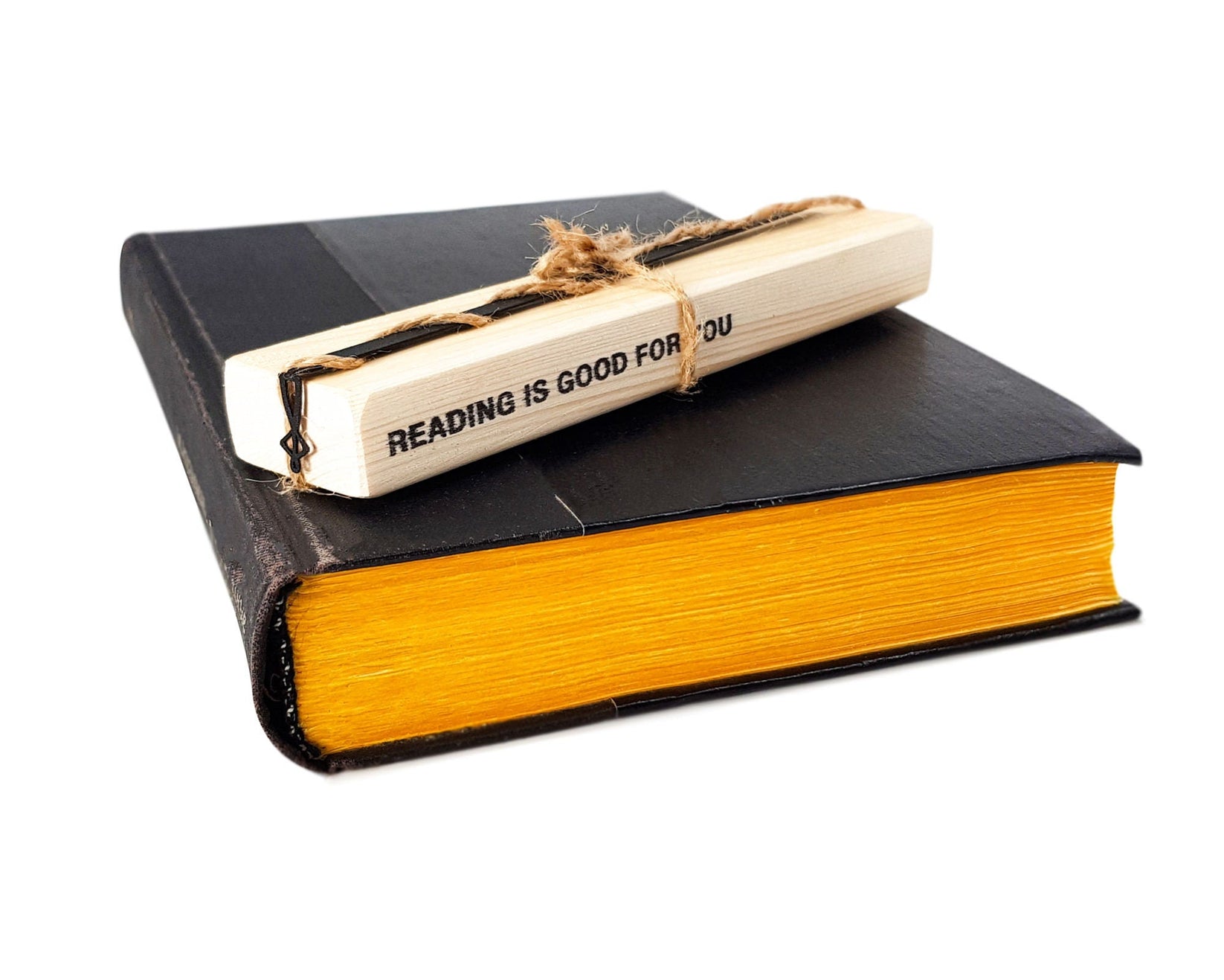 Black Stick Man metal bookmark with the engraved wooden gift block it ships with