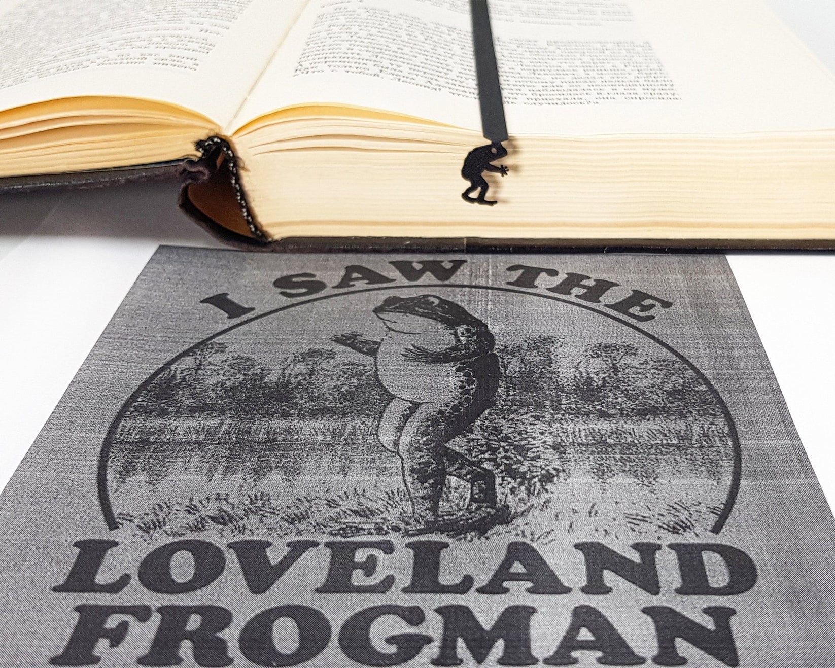 Frogman metal bookmark marking a page in an illustrated book