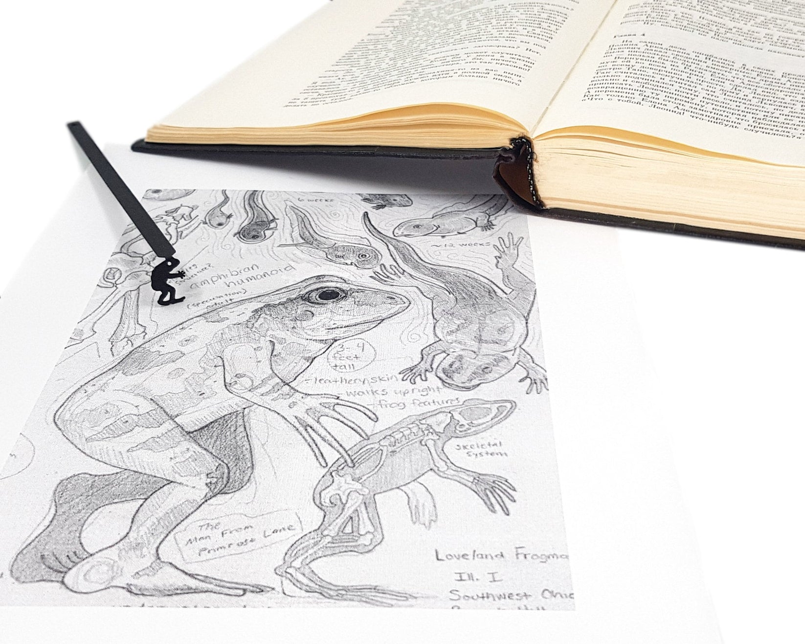 Frogman metal bookmark placed on a colour illustration