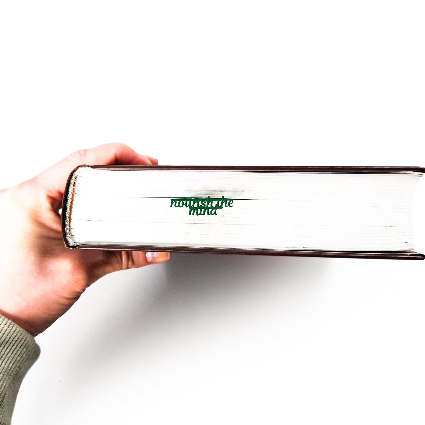 Cucumber metal bookmark in green in a closed book, only its top showing above the pages