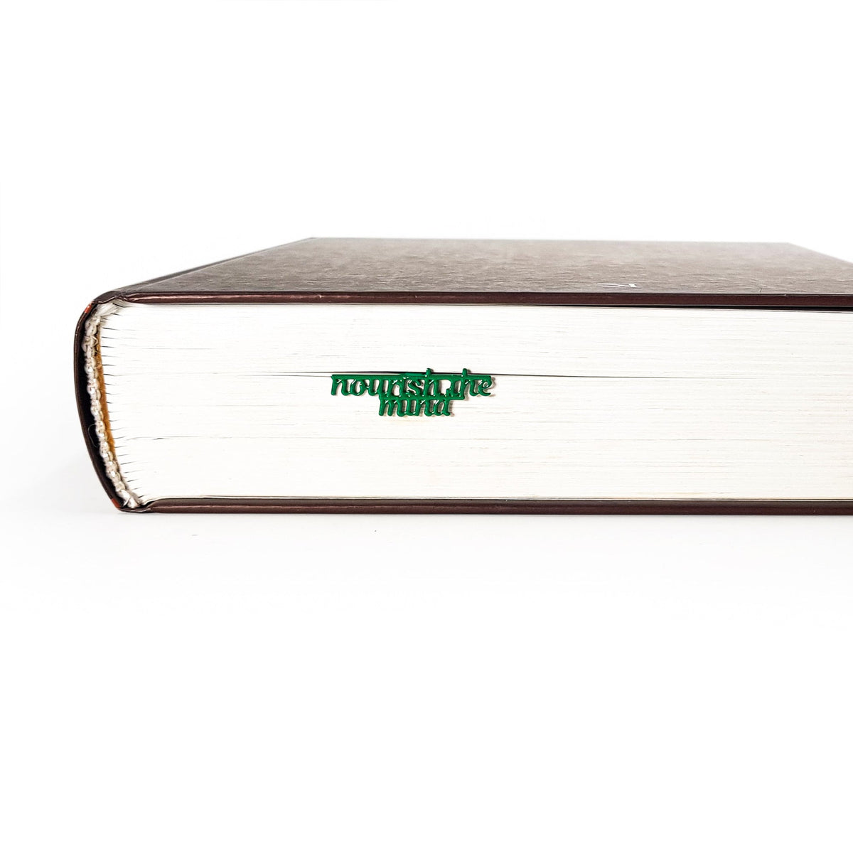 Cucumber metal bookmark in green seen from the edge of a closed book