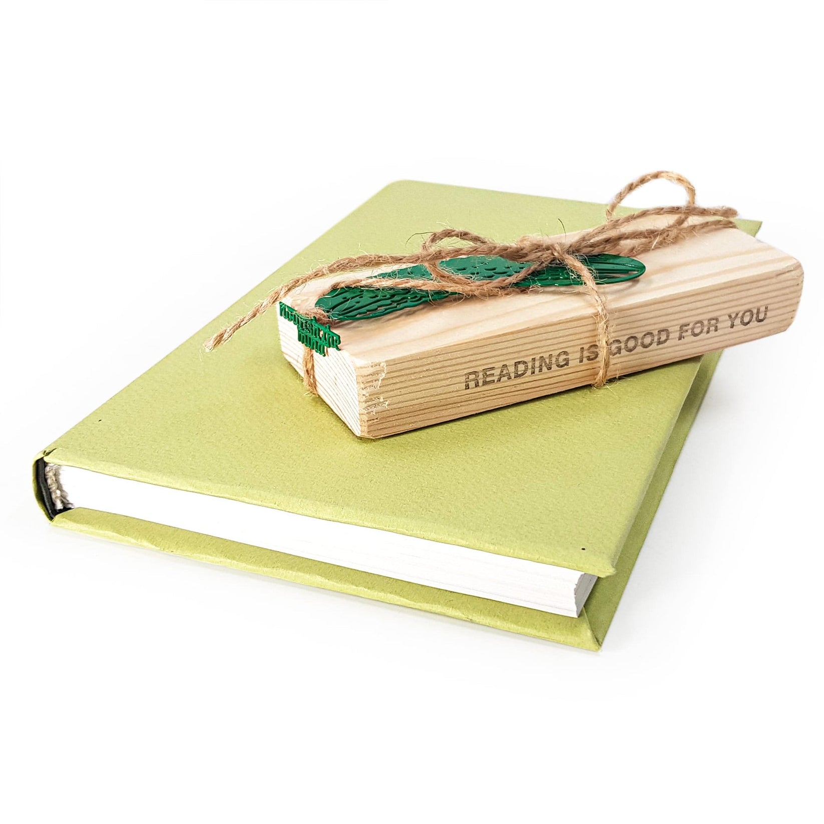 Cucumber metal bookmark with the engraved wooden gift block it ships with