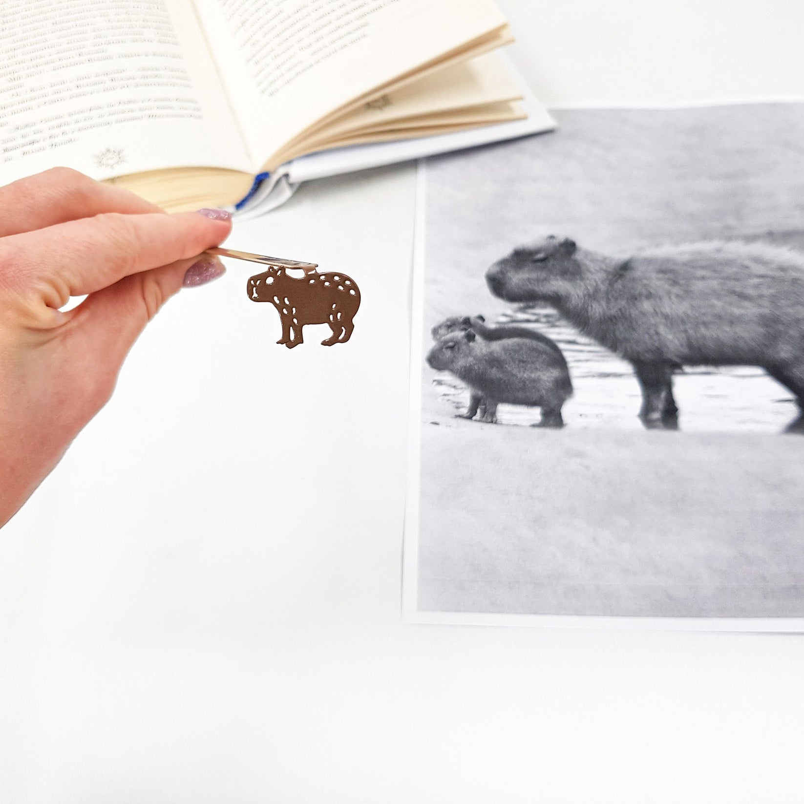 Capybara metal bookmark on an illustrated page