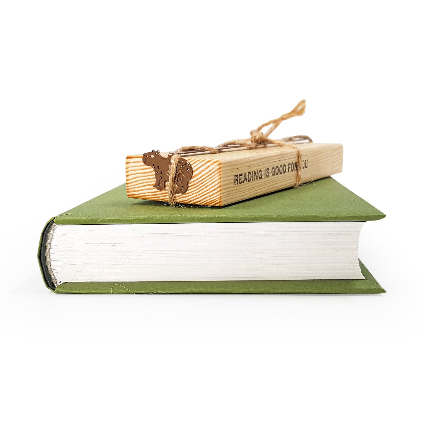 Capybara metal bookmark with the engraved wooden gift block it ships with