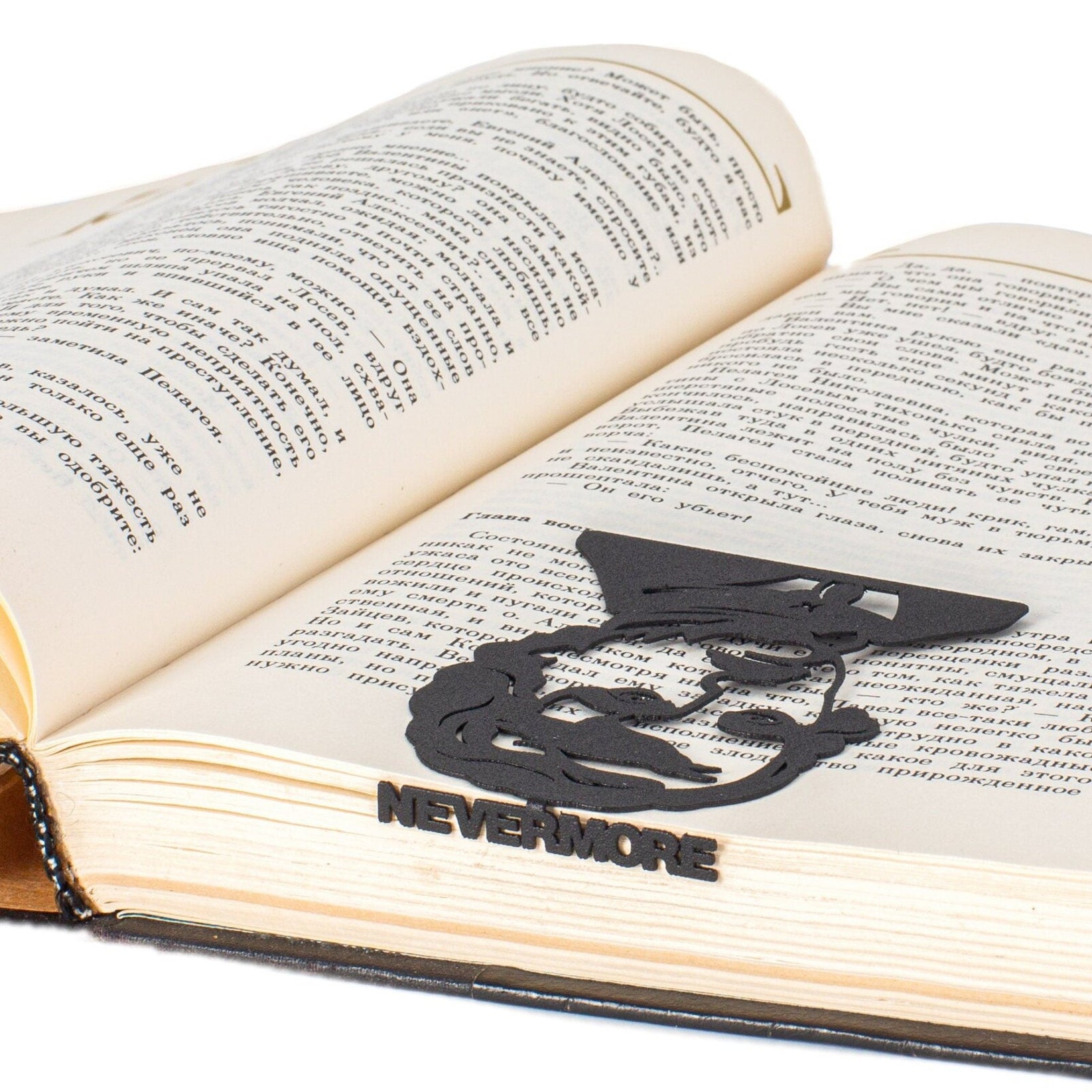 Edgar Allan Poe metal bookmark lying across the pages of an open book