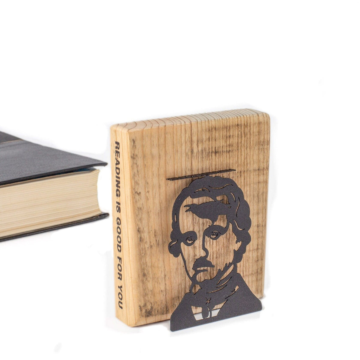 Edgar Allan Poe metal bookmark with the engraved wooden gift block it ships with