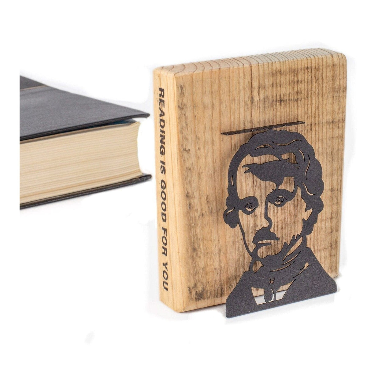 Edgar Allan Poe metal bookmark with the engraved wooden gift block it ships with