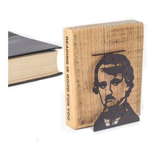 Edgar Allan Poe metal bookmark with the engraved wooden gift block it ships with