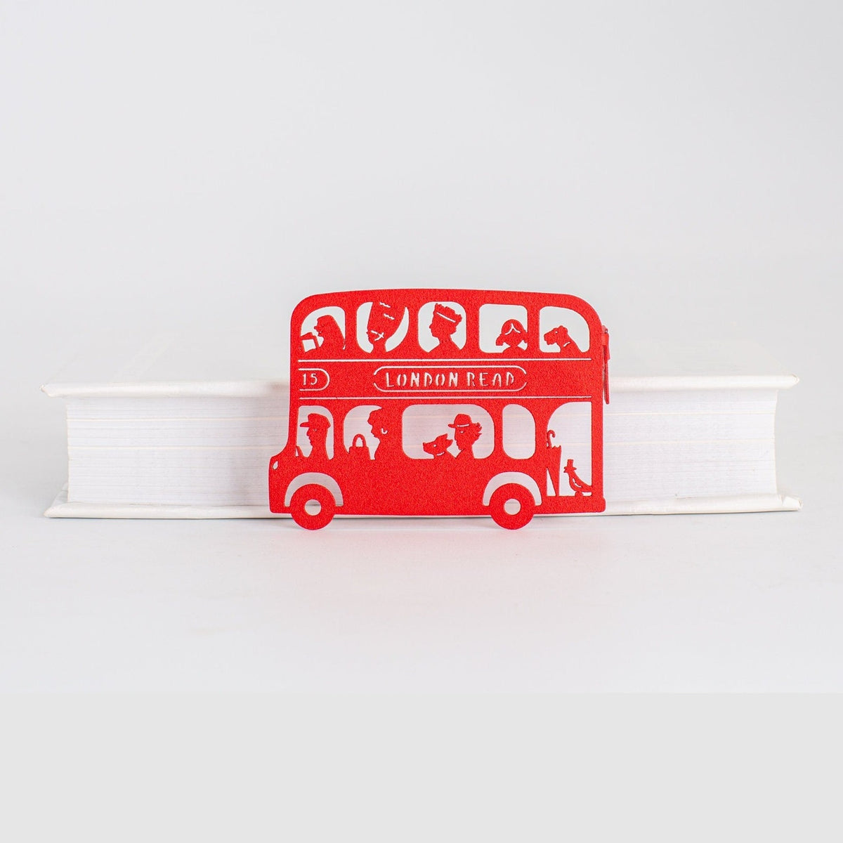 London Double-Decker Bus metal bookmark in red shown flat on a white background