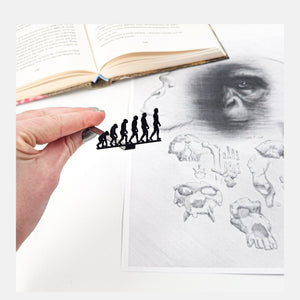 Evolution metal bookmark marking a page in an illustrated book