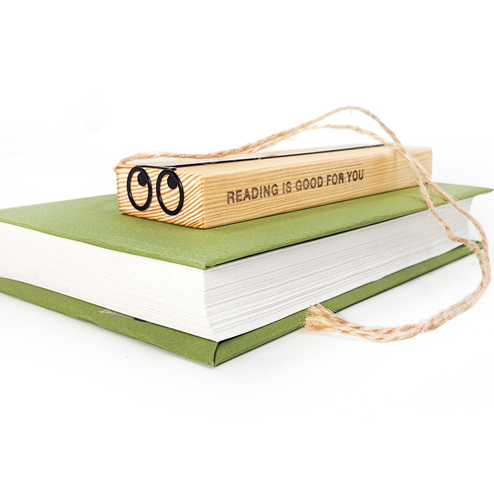 Eyes Glasses metal bookmark with the engraved wooden gift block it ships with