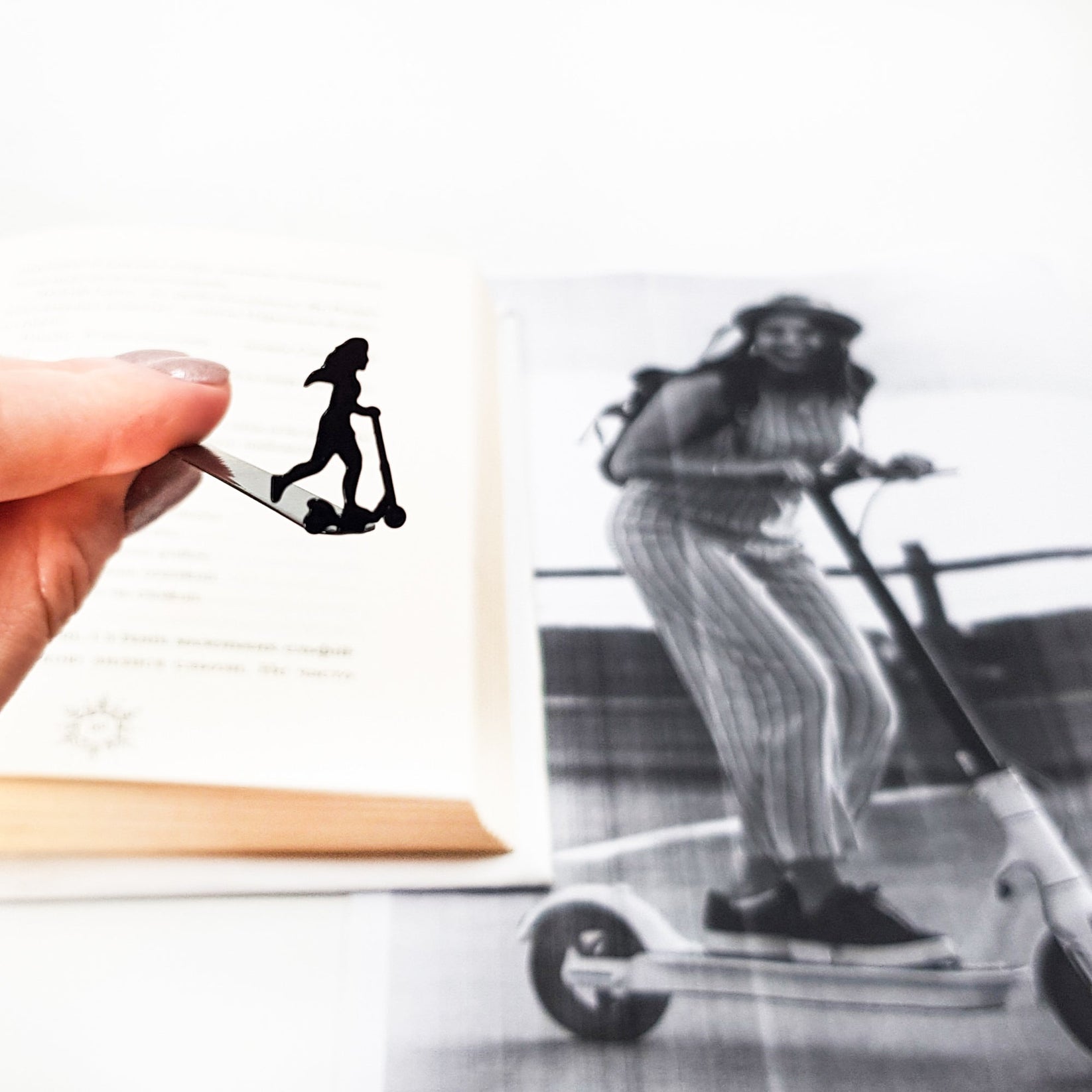 Girl on a Scooter Metal Bookmark – Fun Silhouette Gift for Book Lovers - Atelier Article