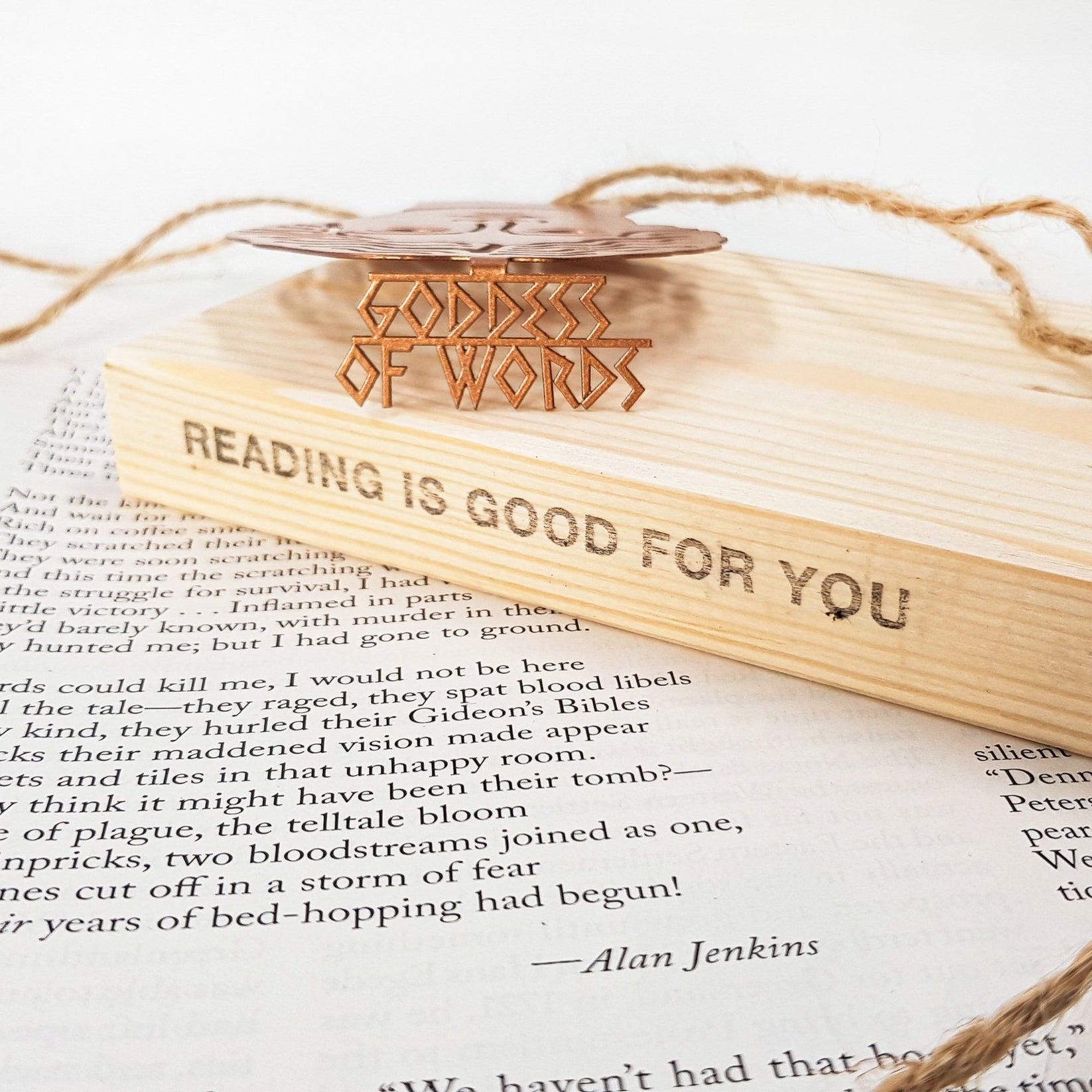 Goddess of Words metal bookmark with the engraved wooden gift block it ships with