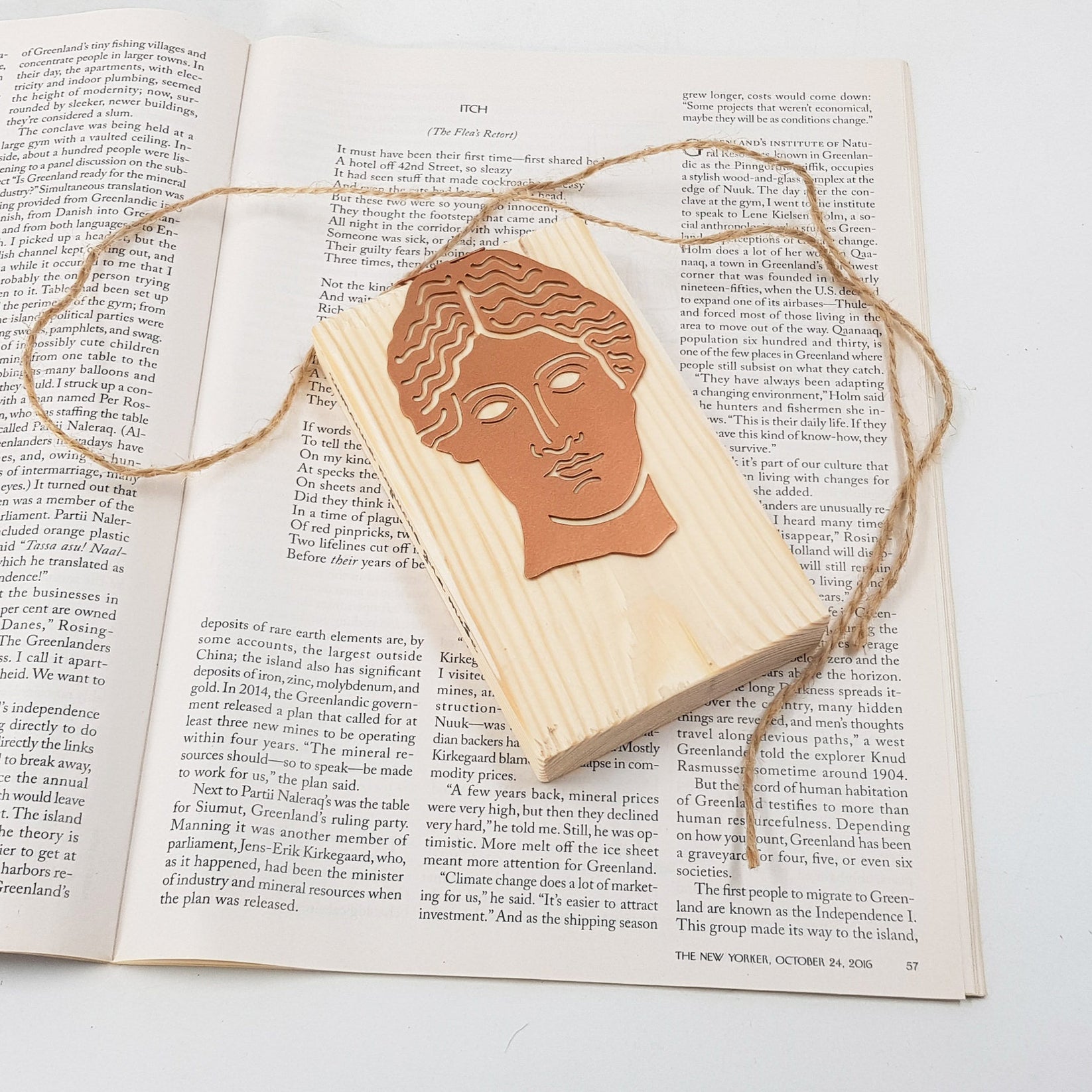Goddess of Words metal bookmark shown with its wooden gift block