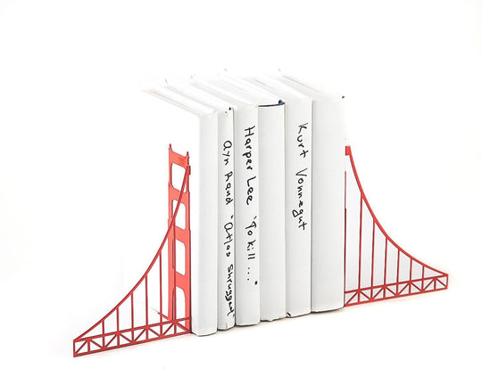Red Golden Gate Bridge metal bookends holding white books