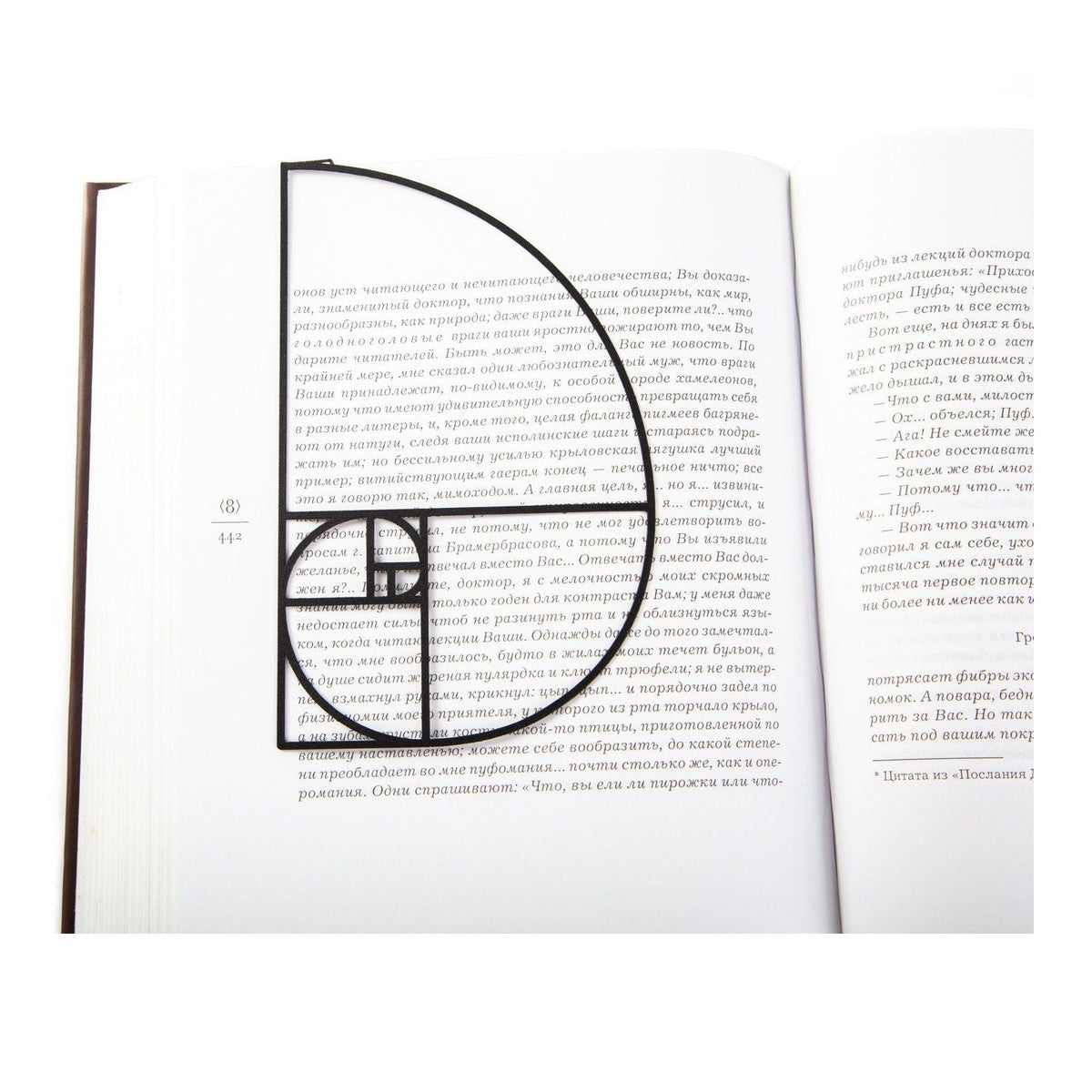 Golden Ratio metal bookmark resting on the pages of an open book