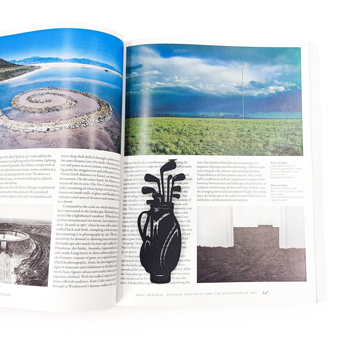 Golf Bag metal bookmark marking a page in an illustrated book