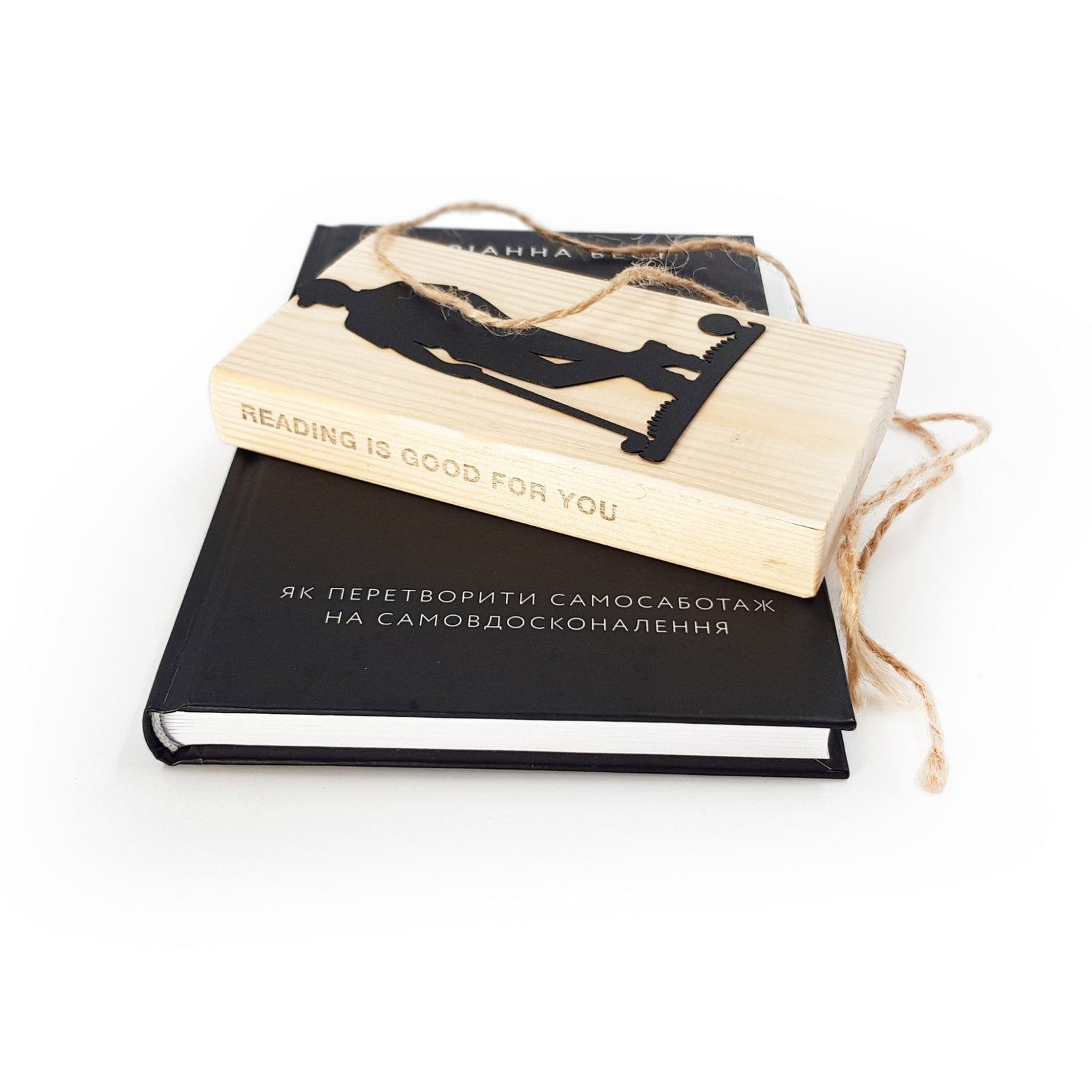 Golf Player metal bookmark with the engraved wooden gift block it ships with