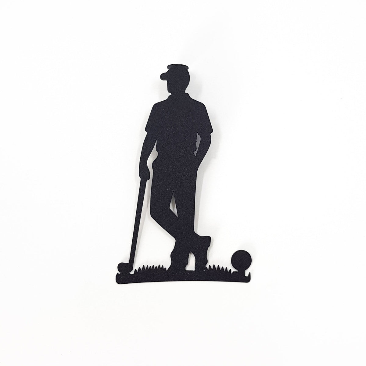 Golf Player metal bookmark flat on white, the whole silhouette visible
