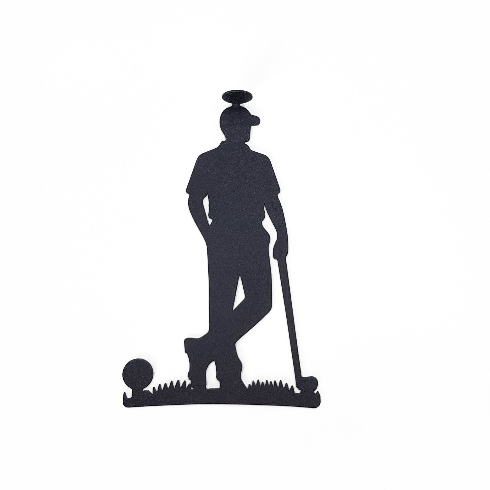 Black metal golf player silhouette bookmark shown on a white background.