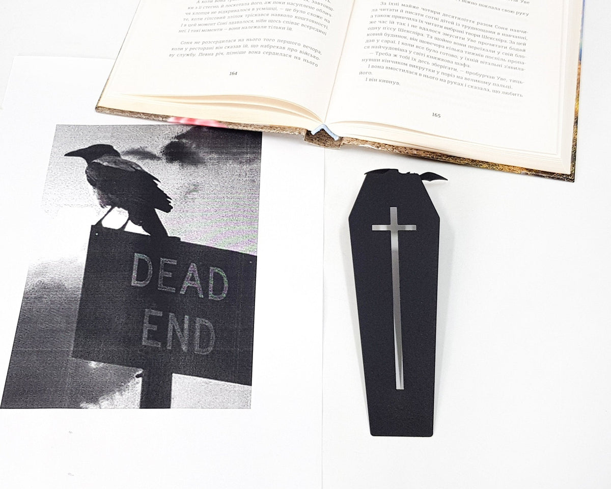 Gothic Coffin in My Book metal bookmark marking a page in an illustrated book, view 4