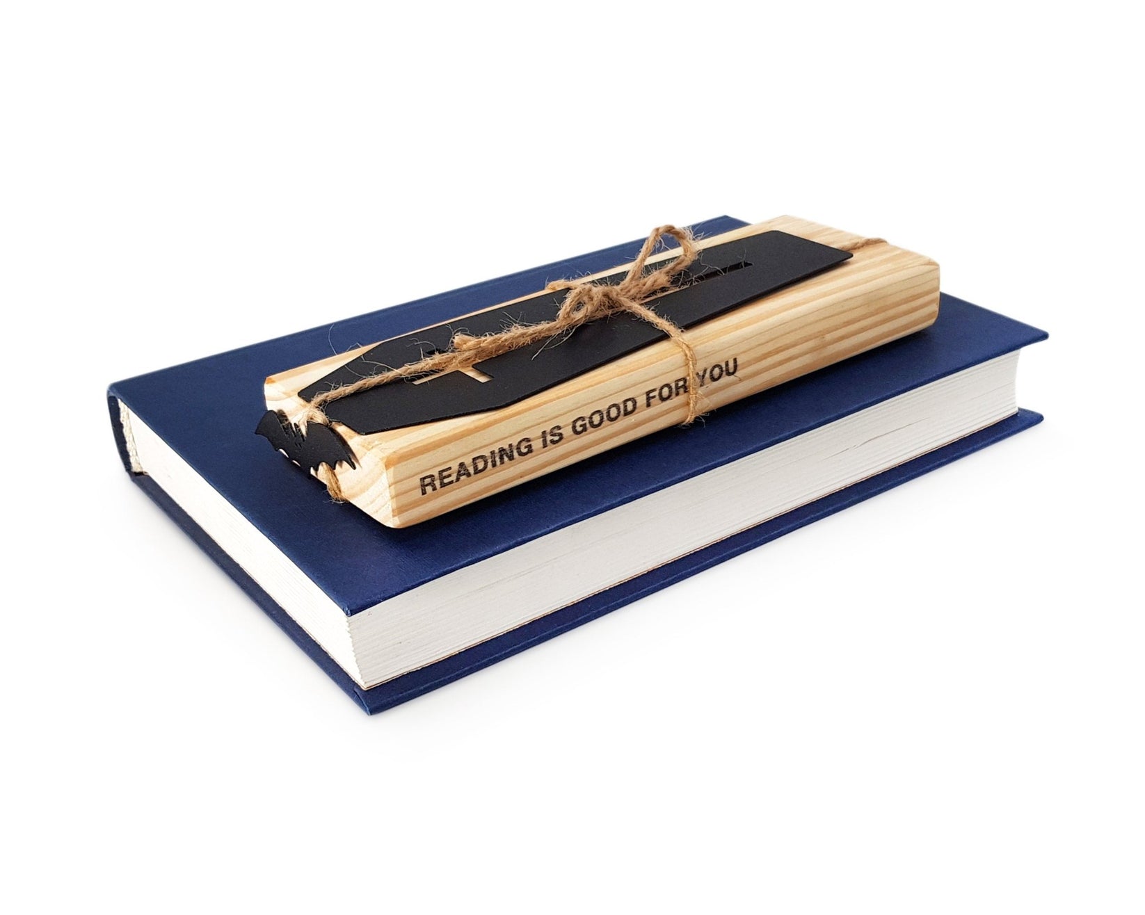Gothic Coffin in My Book metal bookmark with the engraved wooden gift block it ships with