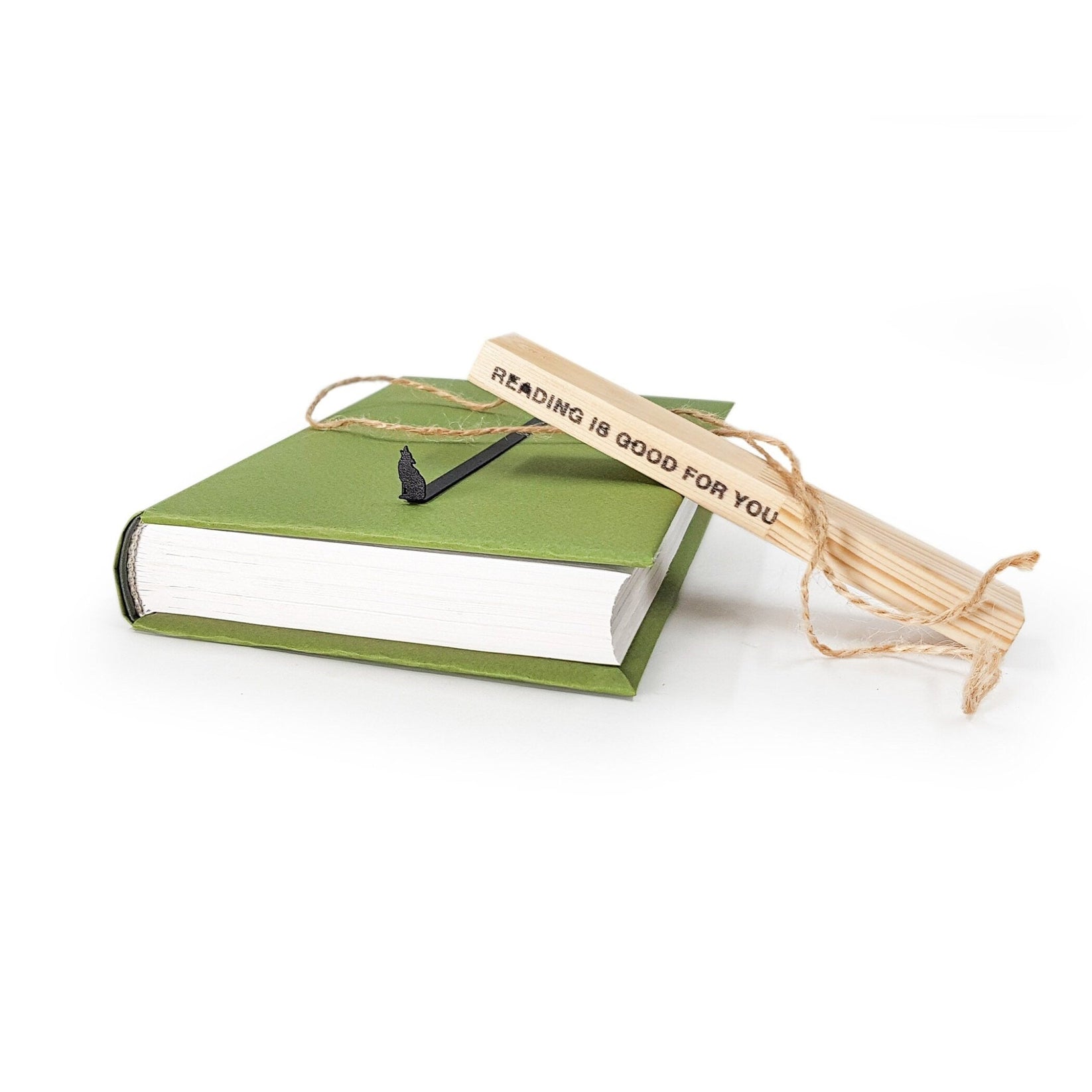 Howling Wolf metal bookmark shown with its wooden gift block