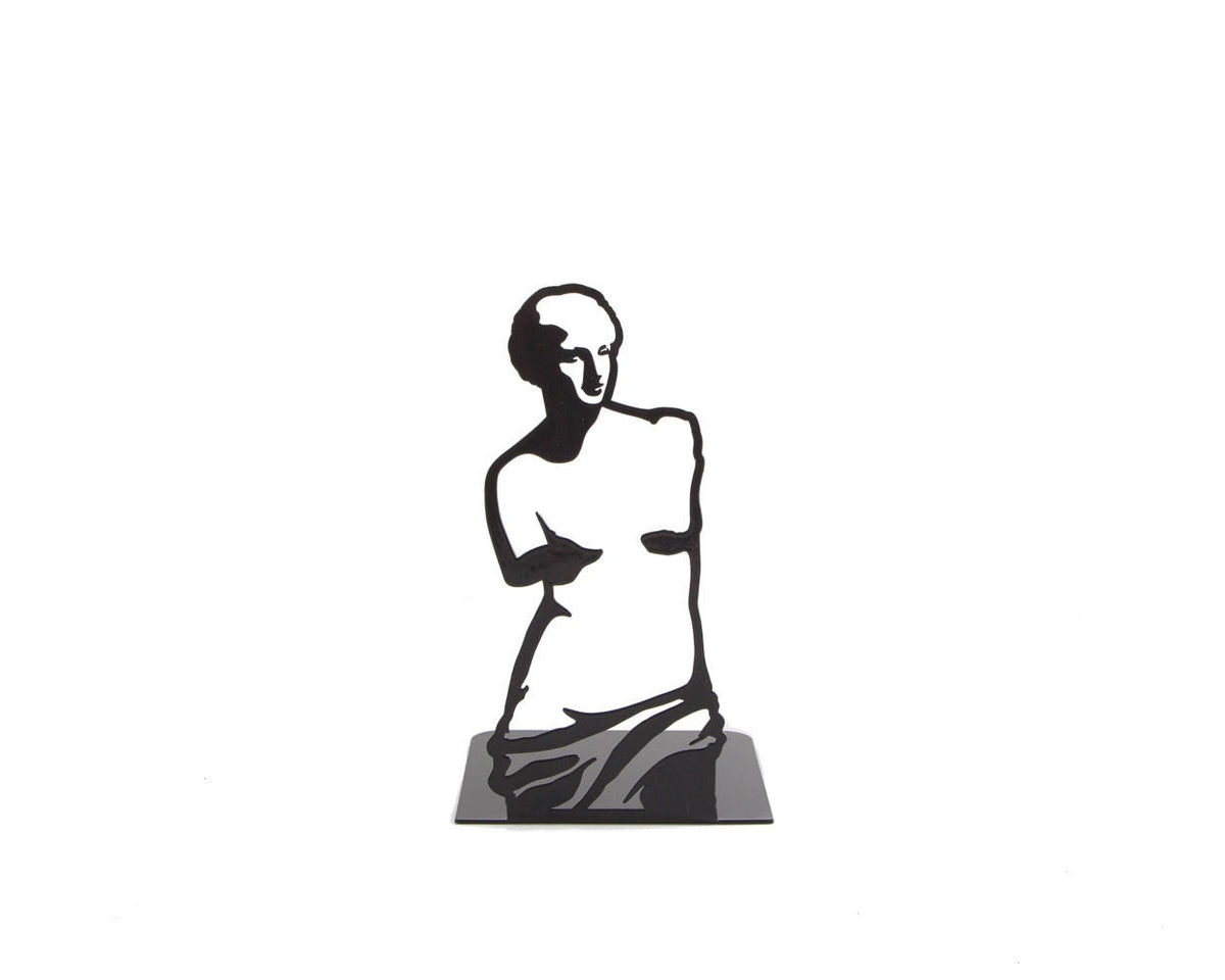 Black metal bookend featuring a cutout silhouette of Venus de Milo, elegant and minimalist design for art-inspired book lovers and collectors.