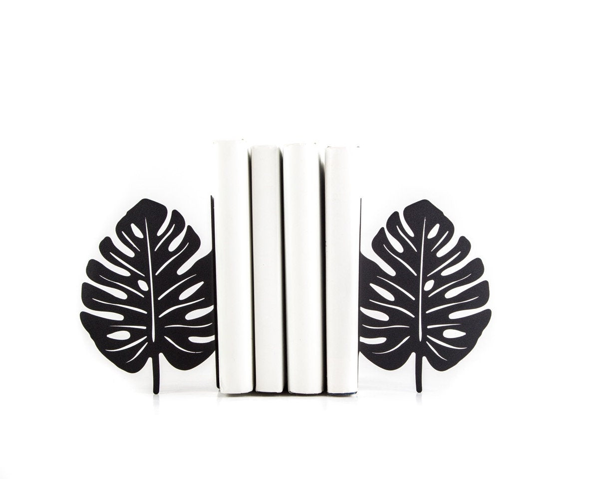 Monstera Leaf Metal Bookends – black – laser-cut steel, photo 1