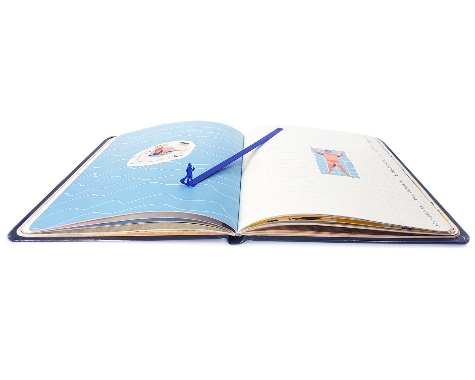Surfer metal bookmark in blue on an illustrated page
