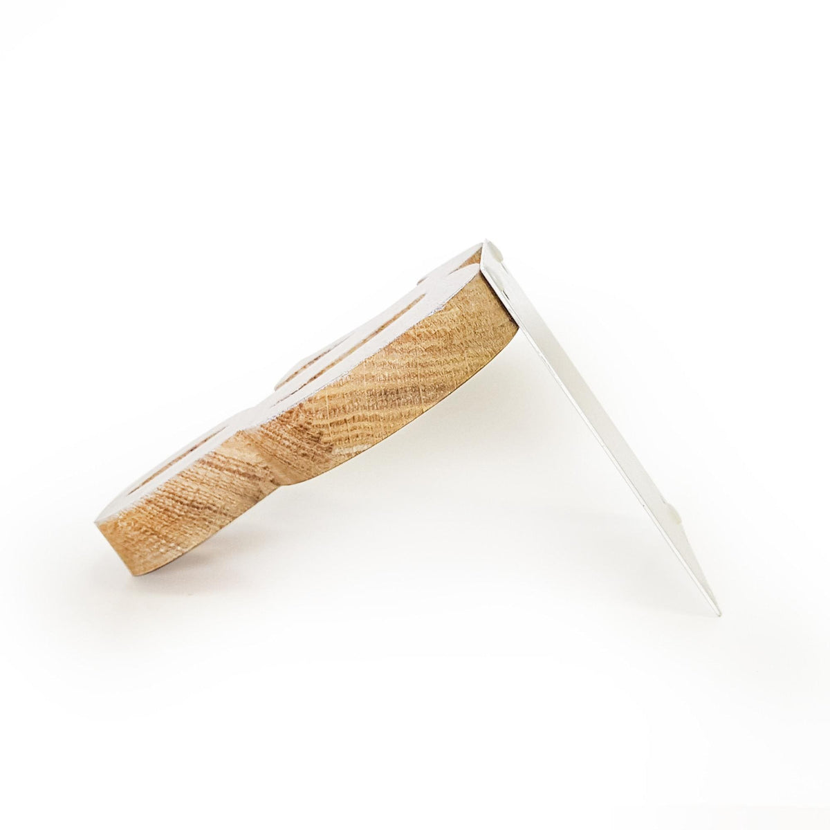 Side view of wooden ampersand bookend with angled metal support, showcasing natural wood grain and clean minimalist construction.