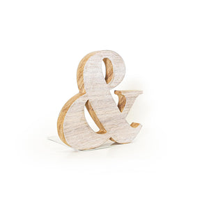 Angled view of wooden ampersand bookend with natural finish and metal base, modern handcrafted typography decor for bookshelf or desk.
