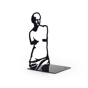 Side view of black metal bookend with elegant Venus de Milo silhouette, artistic minimalist home decor for book lovers and design enthusiasts.