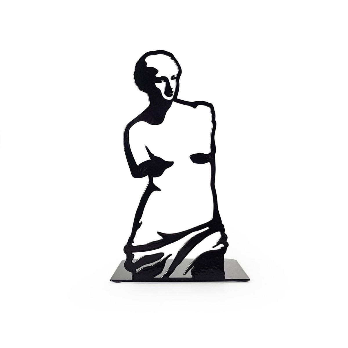 Front view of black metal bookend with cutout silhouette of Venus de Milo, elegant minimalist sculpture-inspired design for modern book storage.