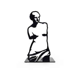 Front view of black metal bookend with cutout silhouette of Venus de Milo, elegant minimalist sculpture-inspired design for modern book storage.