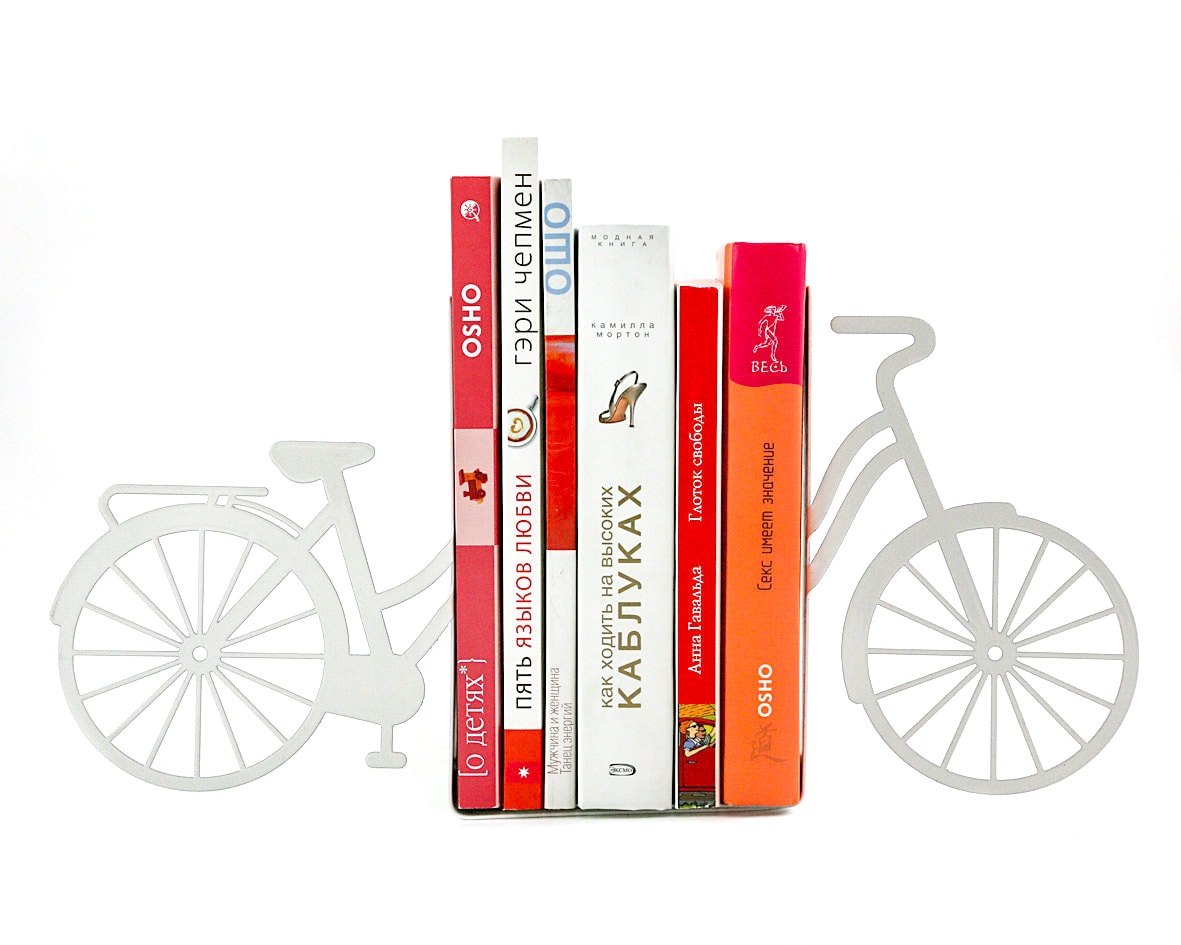 Bike Metal Bookends – white – laser-cut steel, photo 1