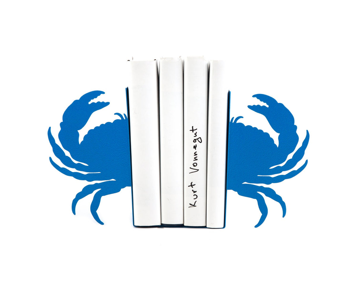 Crab bookends - blue meta book stops for reading sea life lovers. Modern shelf organizers for sea house kitchens. Designed and made in Cherkasy, Ukraine. Not mass manufactured.