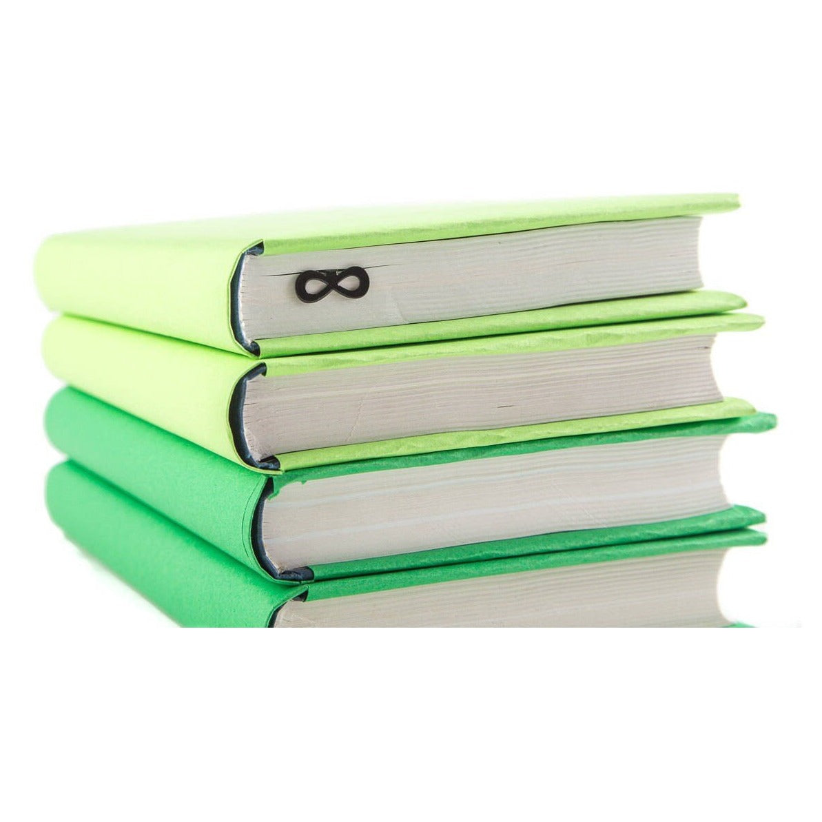 Infinity metal bookmark shown with a stack of books