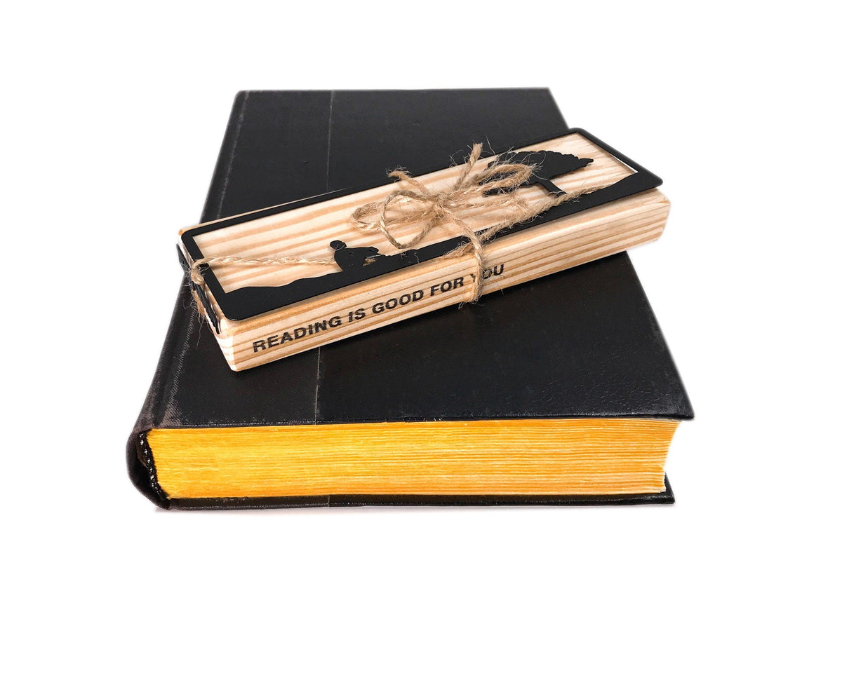 Inspirational Tranquility metal bookmark with the engraved wooden gift block it ships with