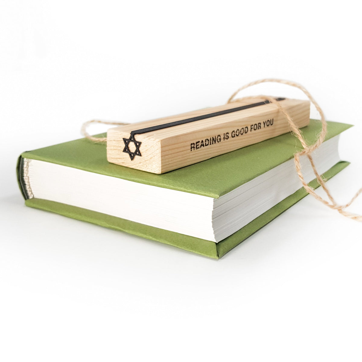 Judaical Star of David metal bookmark with the engraved wooden gift block it ships with