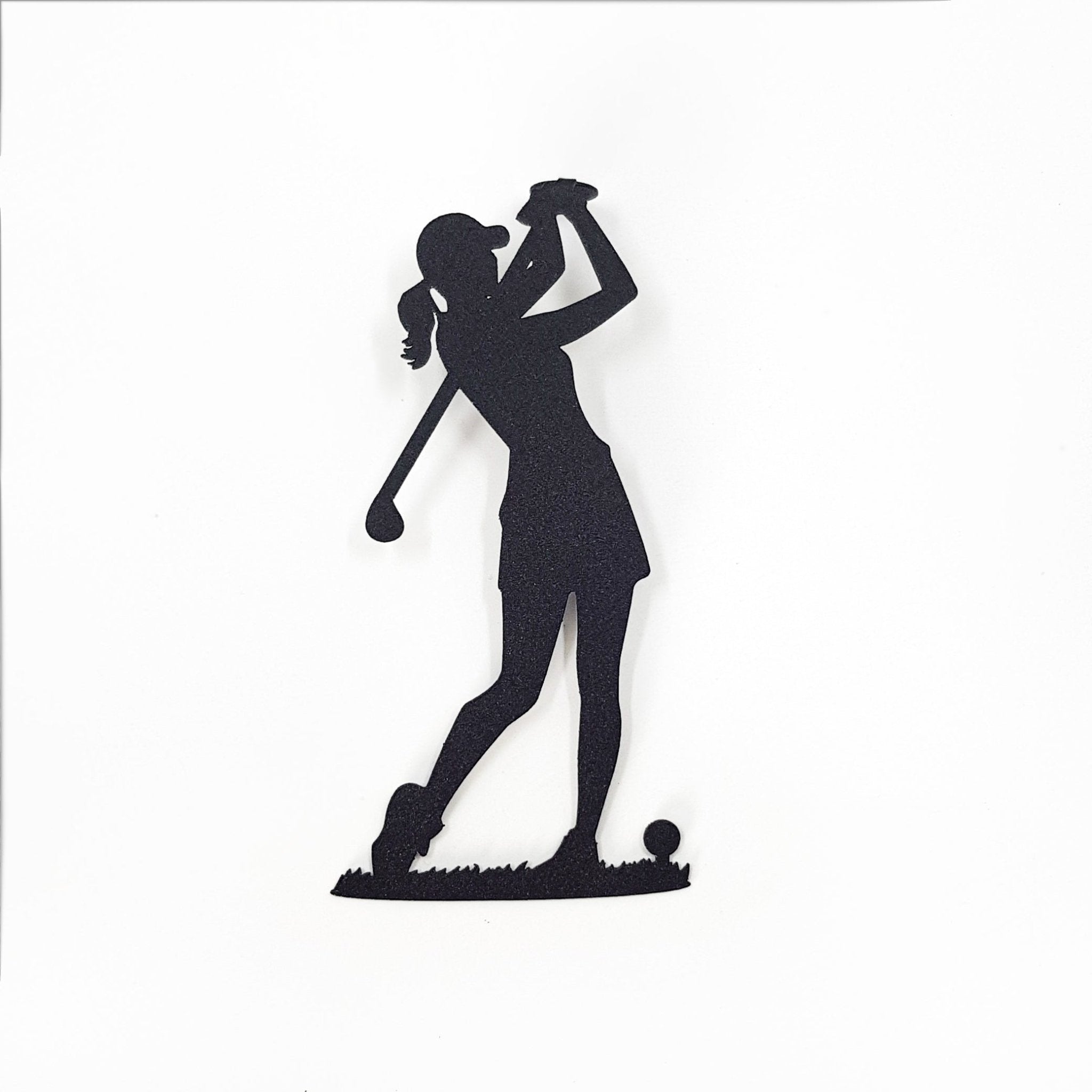 Minimalist black metal lady golf player bookmark isolated on a white background, showing the full golfer silhouette design