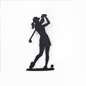 Minimalist black metal lady golf player bookmark isolated on a white background, showing the full golfer silhouette design