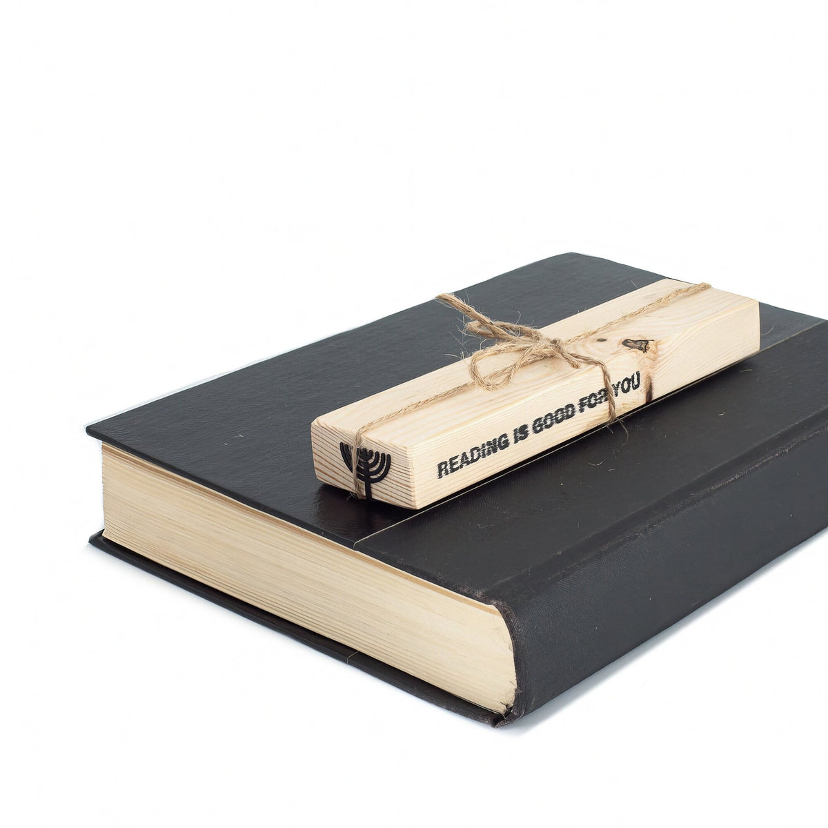 Menorah metal bookmark with the engraved wooden gift block it ships with