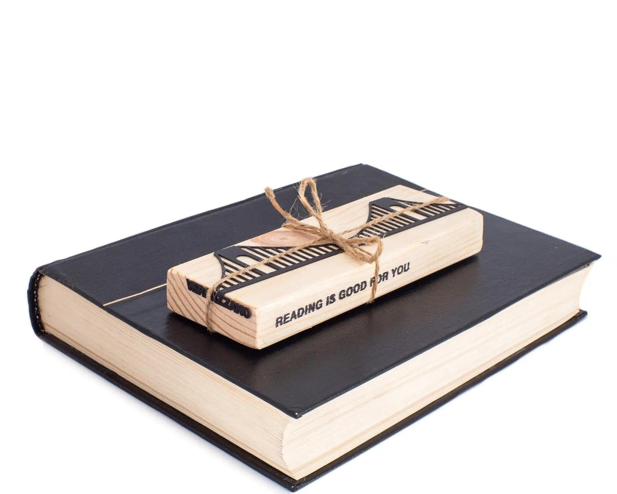 Verrazano Bridge metal bookmark shown with its wooden gift block