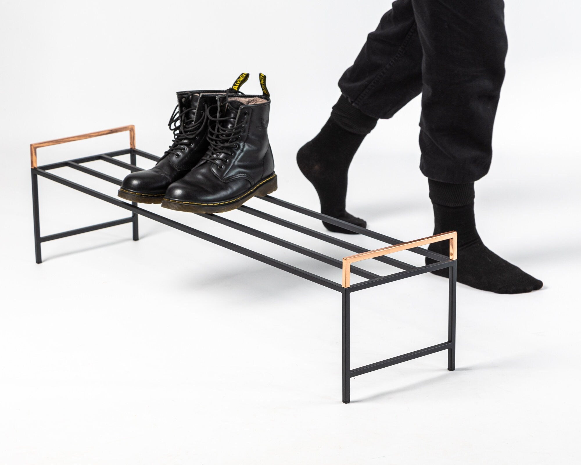 Minimalist Black Metal Shoe Rack with Copper Handles - Atelier Article